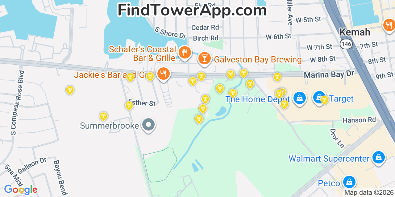 Map showing the 20 primary cell tower locations detected in Clear Lake Shores, Texas from AT&T, Verizon, and T-Mobile networks