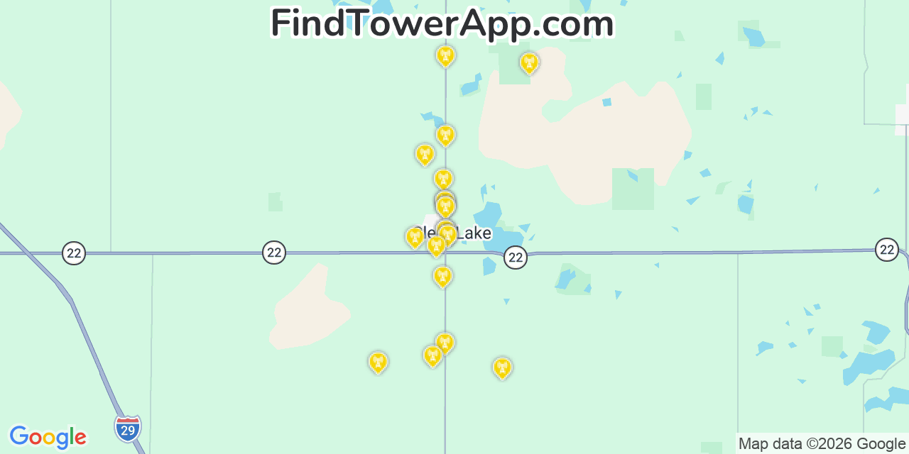 Map showing the 20 primary cell tower locations detected in Clear Lake, South Dakota from AT&T, Verizon, and T-Mobile networks