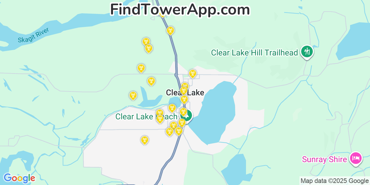 Map showing the 20 primary cell tower locations detected in Clear Lake, Washington from AT&T, Verizon, and T-Mobile networks