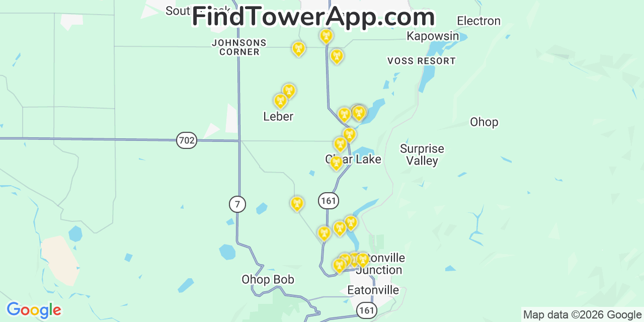 Map showing the 20 primary cell tower locations detected in Clear Lake, Washington from AT&T, Verizon, and T-Mobile networks