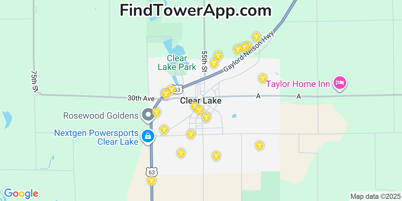 Map showing the 20 primary cell tower locations detected in Clear Lake, Wisconsin from AT&T, Verizon, and T-Mobile networks