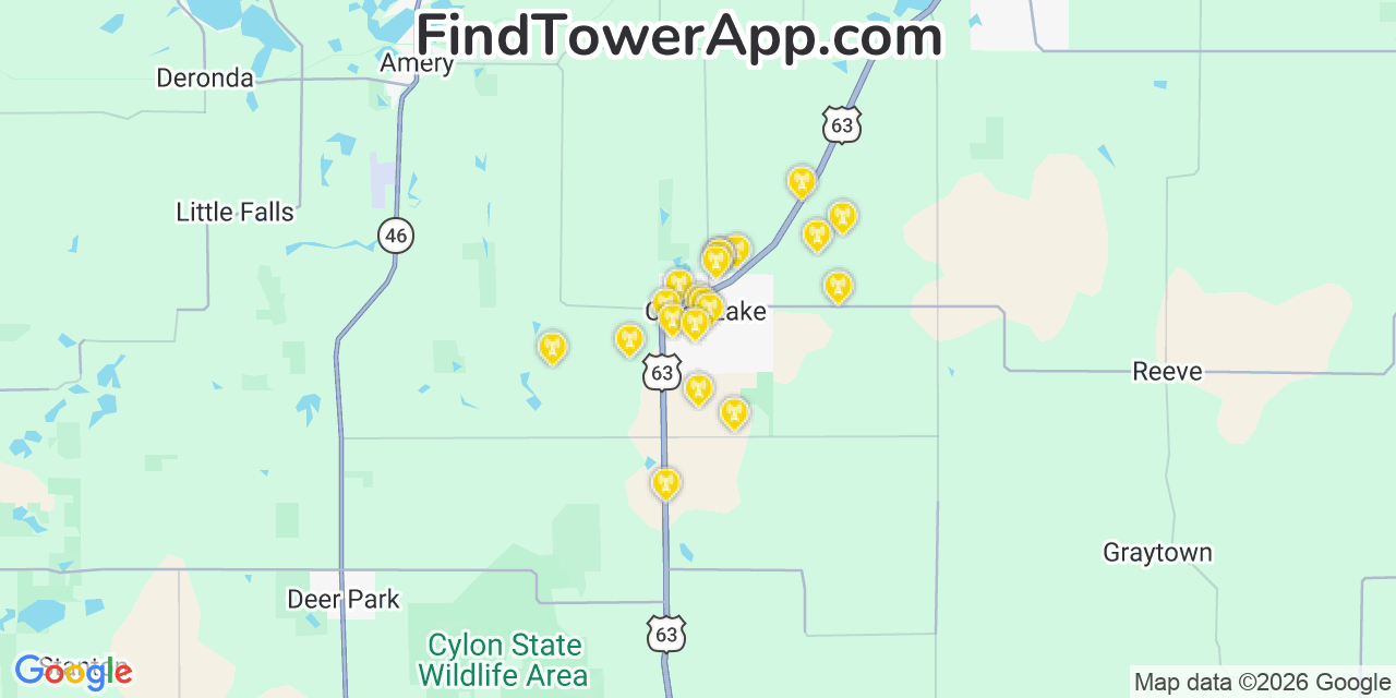 Map showing the 20 primary cell tower locations detected in Clear Lake, Wisconsin from AT&T, Verizon, and T-Mobile networks
