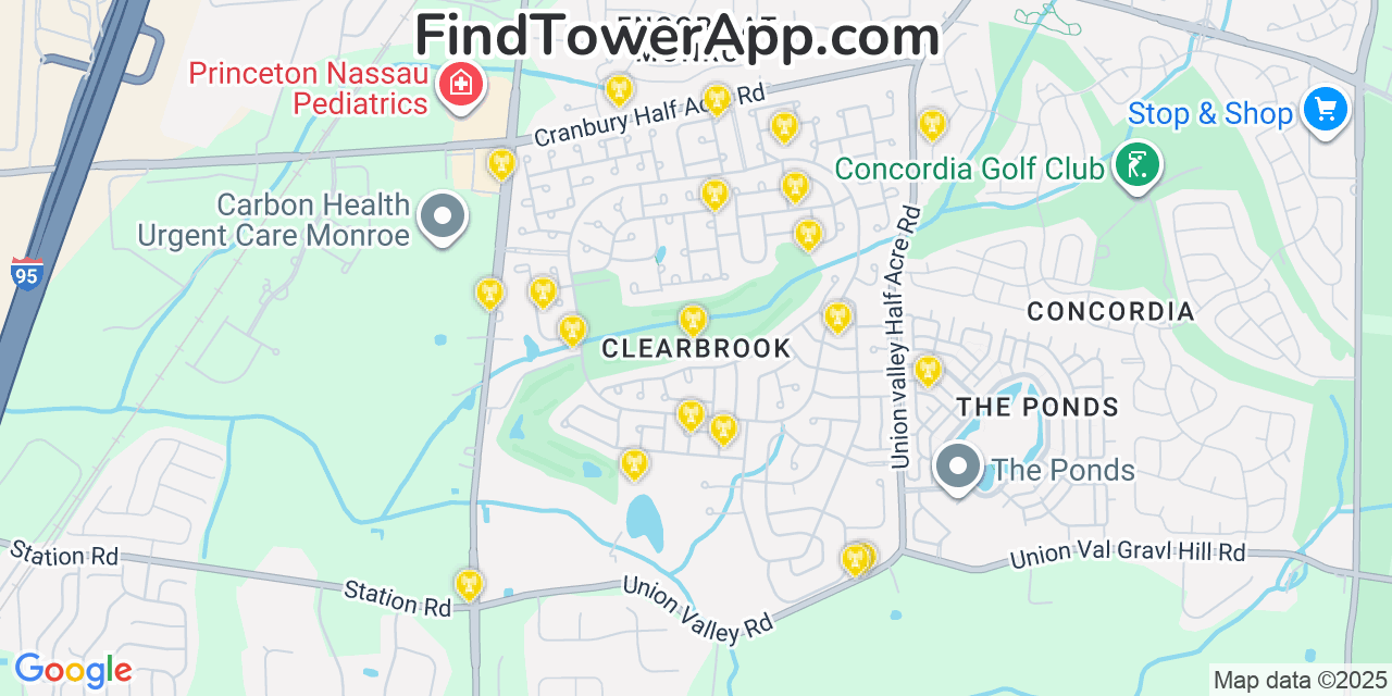 Map showing the 20 primary cell tower locations detected in Clearbrook Park, New Jersey from AT&T, Verizon, and T-Mobile networks