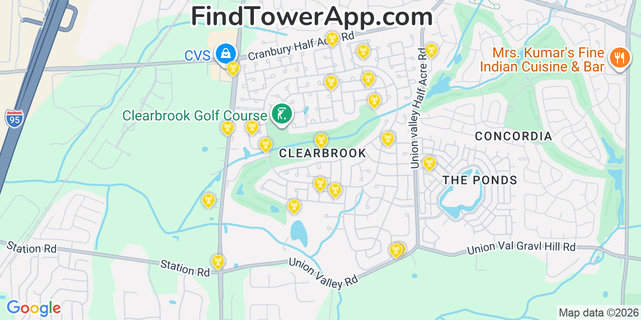 Map showing the 20 primary cell tower locations detected in Clearbrook Park, New Jersey from AT&T, Verizon, and T-Mobile networks