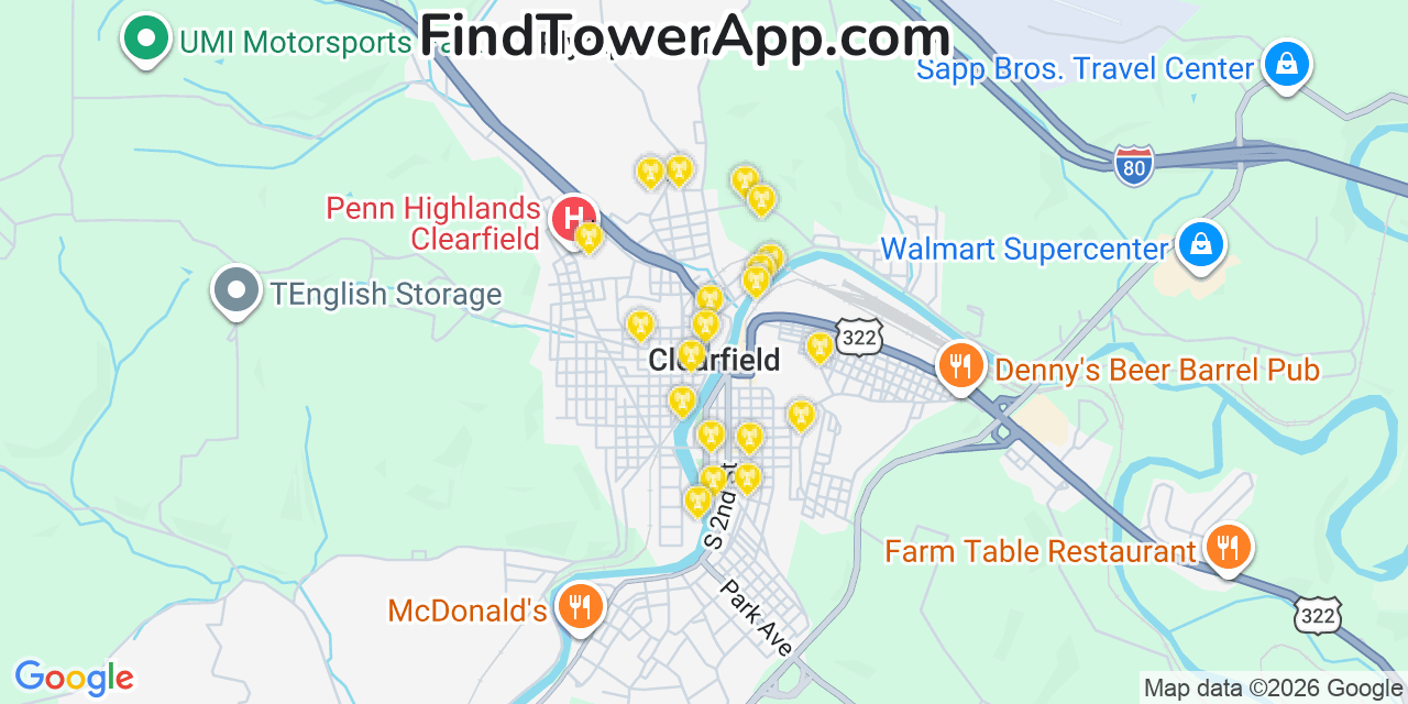 Map showing the 20 primary cell tower locations detected in Clearfield, Pennsylvania from AT&T, Verizon, and T-Mobile networks