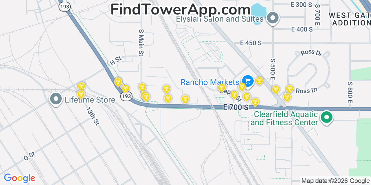 Map showing the 20 primary cell tower locations detected in Clearfield, Utah from AT&T, Verizon, and T-Mobile networks