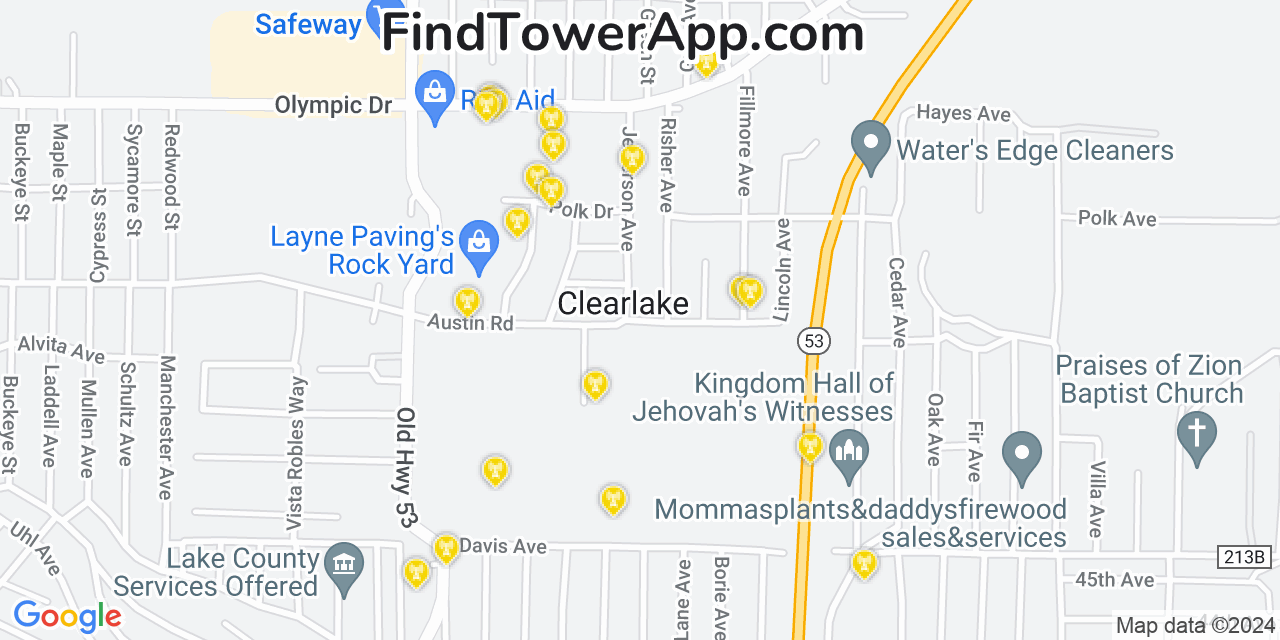 AT&T 4G/5G cell tower coverage map Clearlake, California