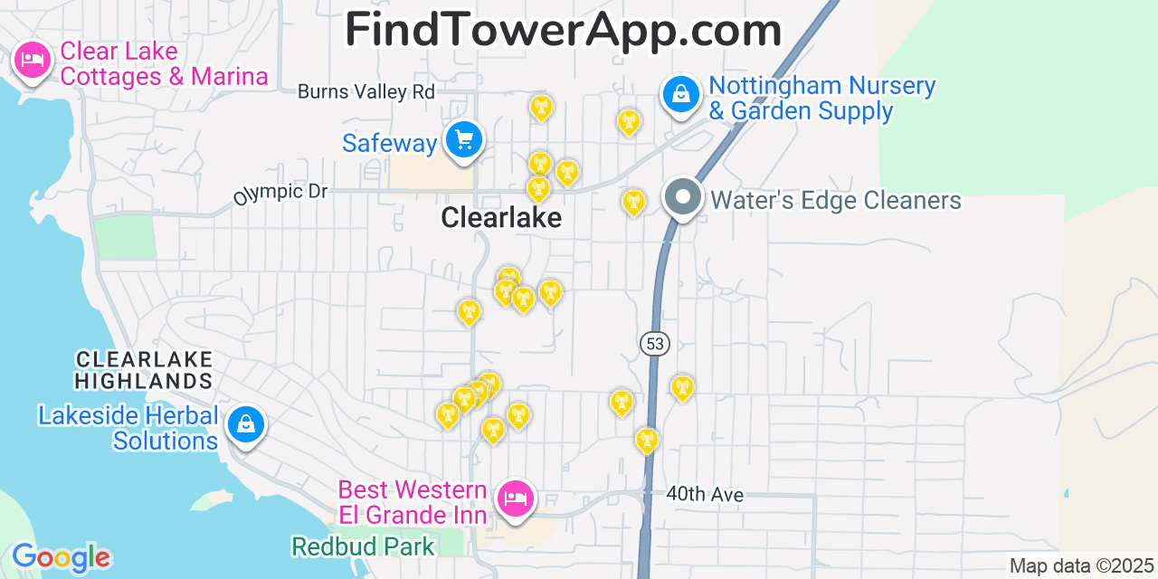 Map showing the 20 primary cell tower locations detected in Clearlake, California from AT&T, Verizon, and T-Mobile networks