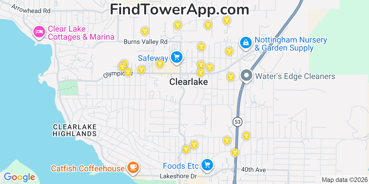 Map showing the 20 primary cell tower locations detected in Clearlake, California from AT&T, Verizon, and T-Mobile networks