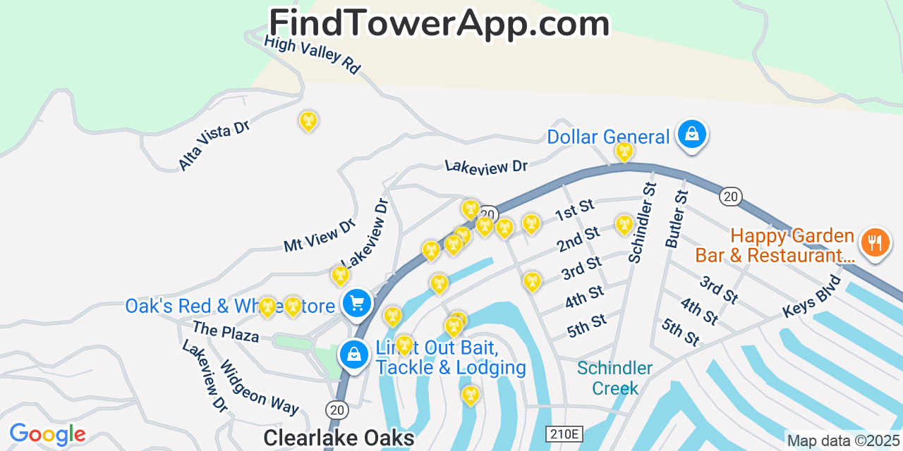 Map showing the 20 primary cell tower locations detected in Clearlake Oaks, California from AT&T, Verizon, and T-Mobile networks