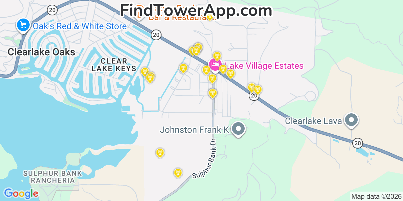 Map showing the 20 primary cell tower locations detected in Clearlake Oaks, California from AT&T, Verizon, and T-Mobile networks