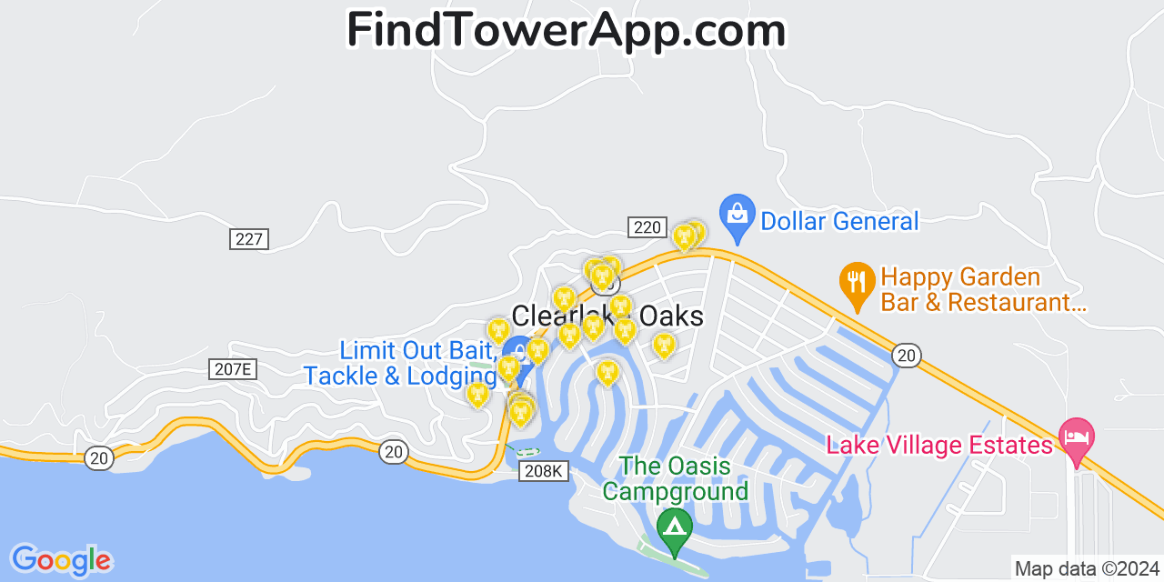 Verizon 4G/5G cell tower coverage map Clearlake Oaks, California