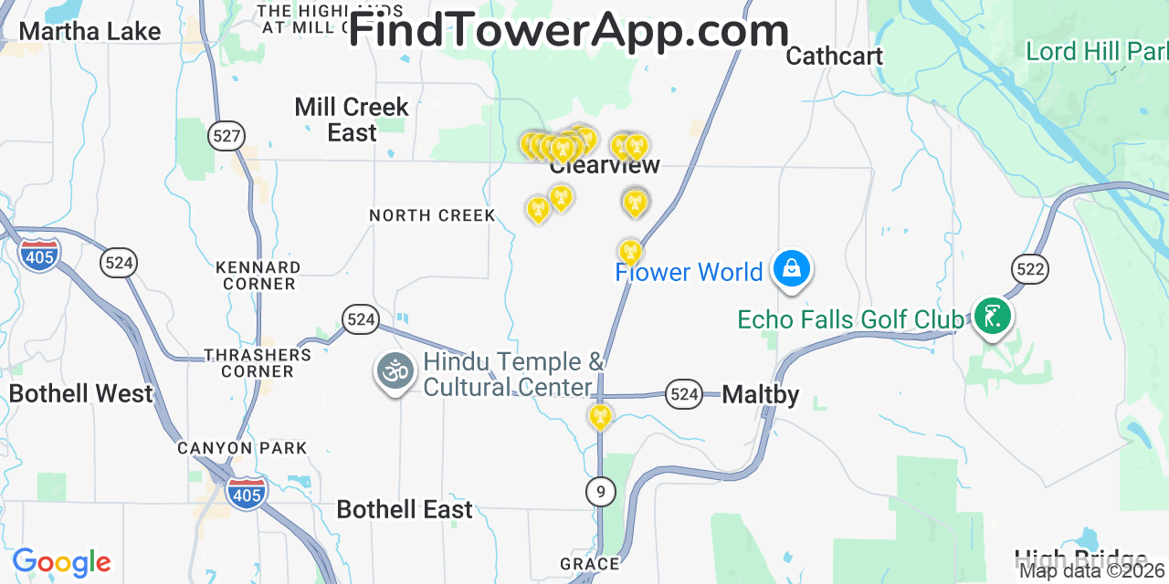 Map showing the 20 primary cell tower locations detected in Clearview, Washington from AT&T, Verizon, and T-Mobile networks