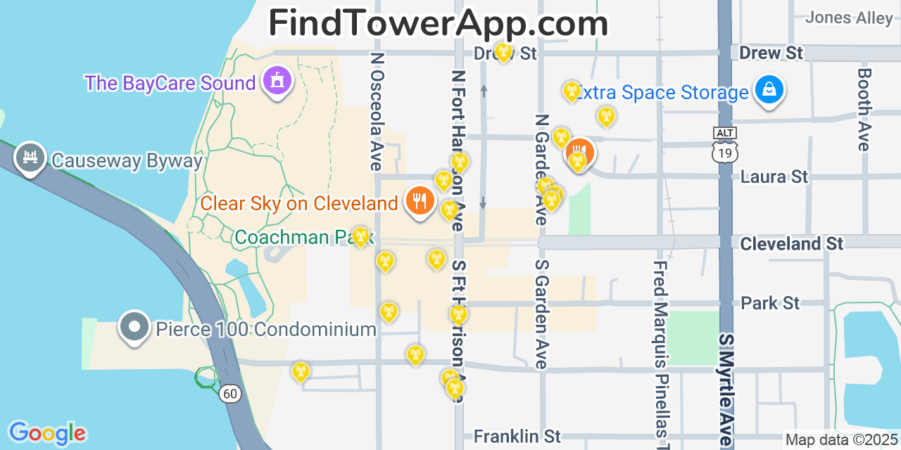 Map showing the 20 primary cell tower locations detected in Clearwater, Florida from AT&T, Verizon, and T-Mobile networks