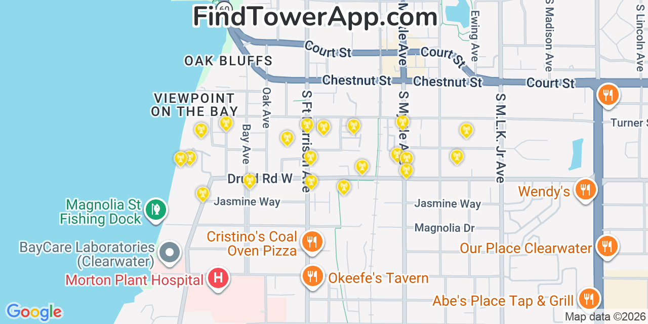 Map showing the 20 primary cell tower locations detected in Clearwater, Florida from AT&T, Verizon, and T-Mobile networks