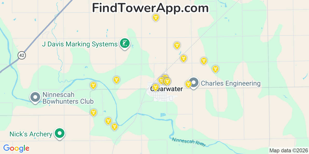 Map showing the 20 primary cell tower locations detected in Clearwater, Kansas from AT&T, Verizon, and T-Mobile networks