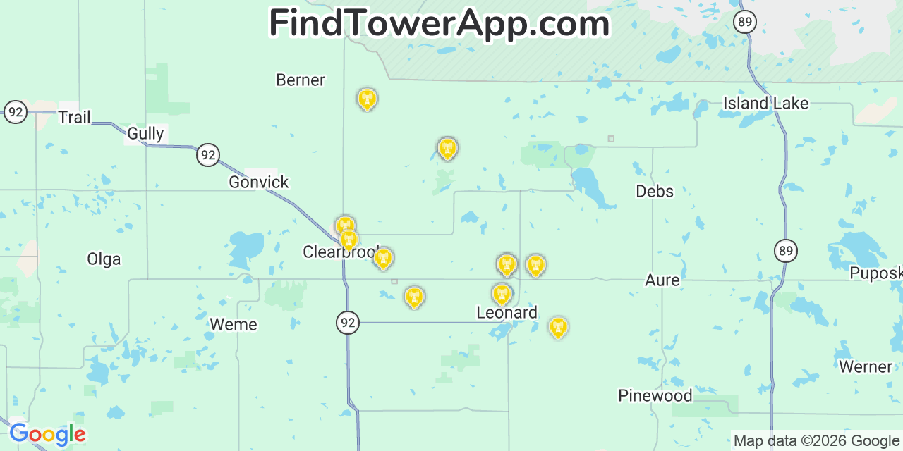 Map showing the 20 primary cell tower locations detected in Clearwater, Minnesota from AT&T, Verizon, and T-Mobile networks