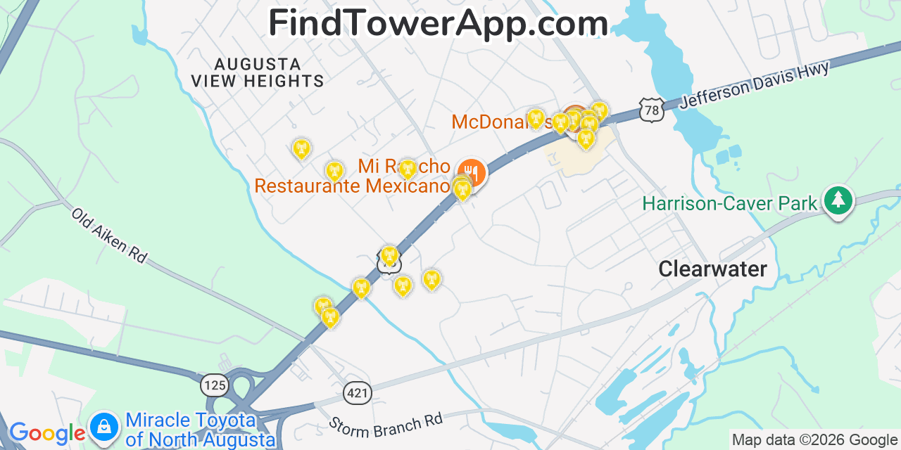 Map showing the 20 primary cell tower locations detected in Clearwater, South Carolina from AT&T, Verizon, and T-Mobile networks