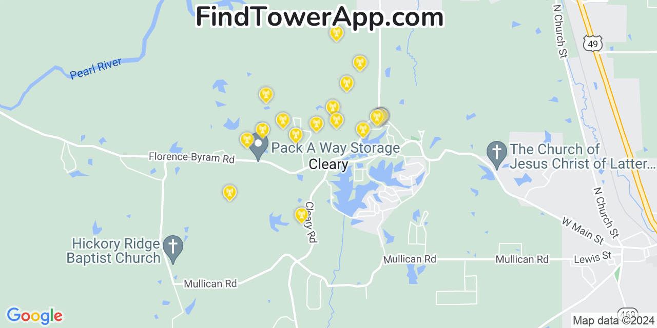 AT&T 4G/5G cell tower coverage map Cleary, Mississippi