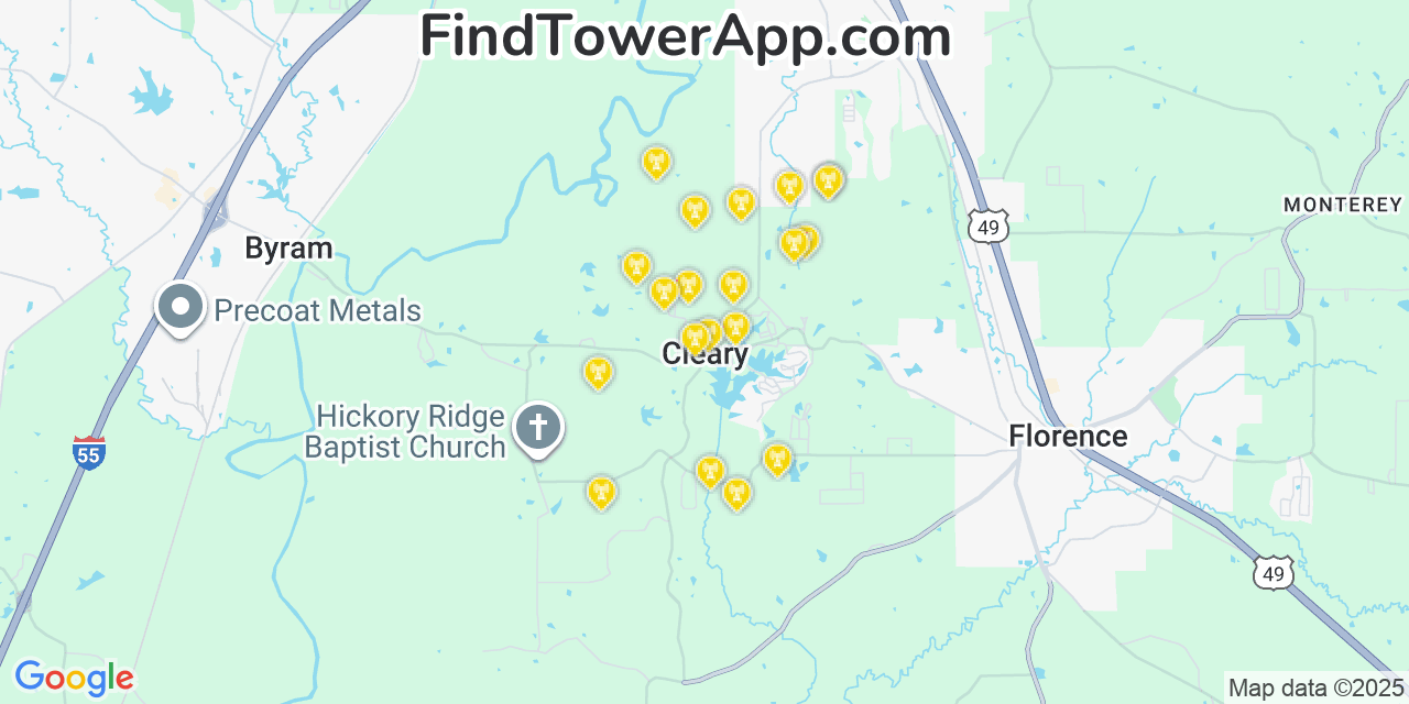 Map showing the 20 primary cell tower locations detected in Cleary, Mississippi from AT&T, Verizon, and T-Mobile networks