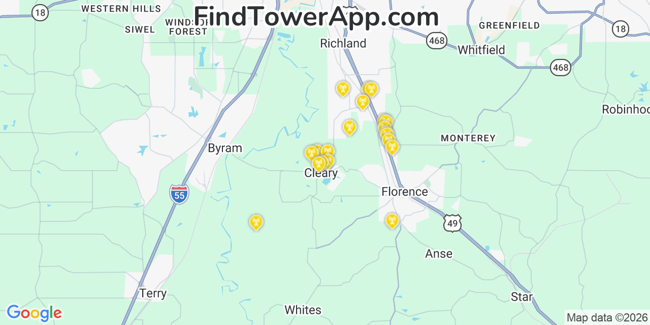 Map showing the 20 primary cell tower locations detected in Cleary, Mississippi from AT&T, Verizon, and T-Mobile networks