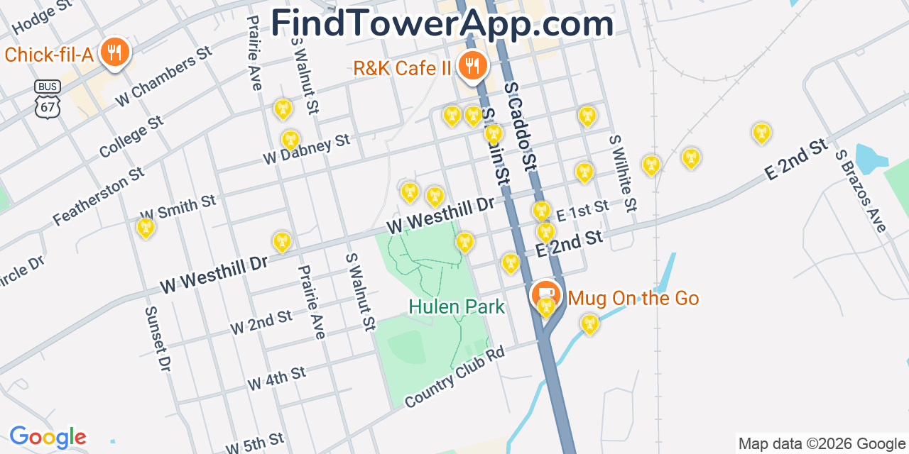 Map showing the 20 primary cell tower locations detected in Cleburne, Texas from AT&T, Verizon, and T-Mobile networks