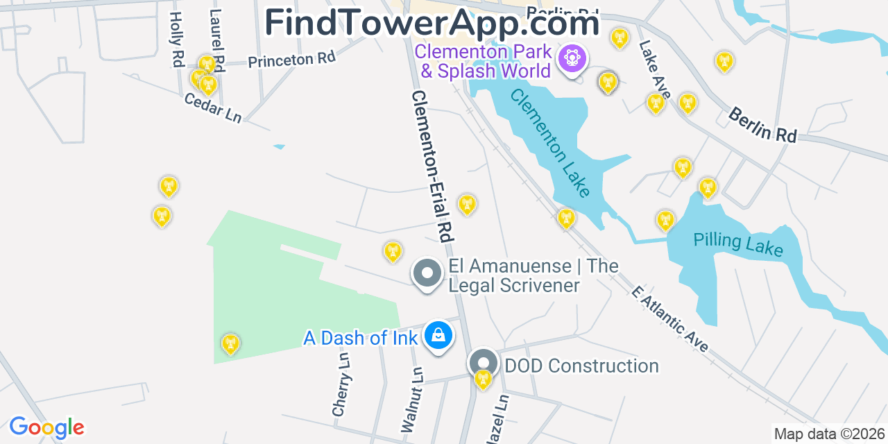 Map showing the 20 primary cell tower locations detected in Clementon, New Jersey from AT&T, Verizon, and T-Mobile networks