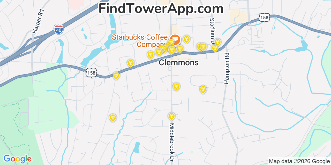 Map showing the 20 primary cell tower locations detected in Clemmons, North Carolina from AT&T, Verizon, and T-Mobile networks