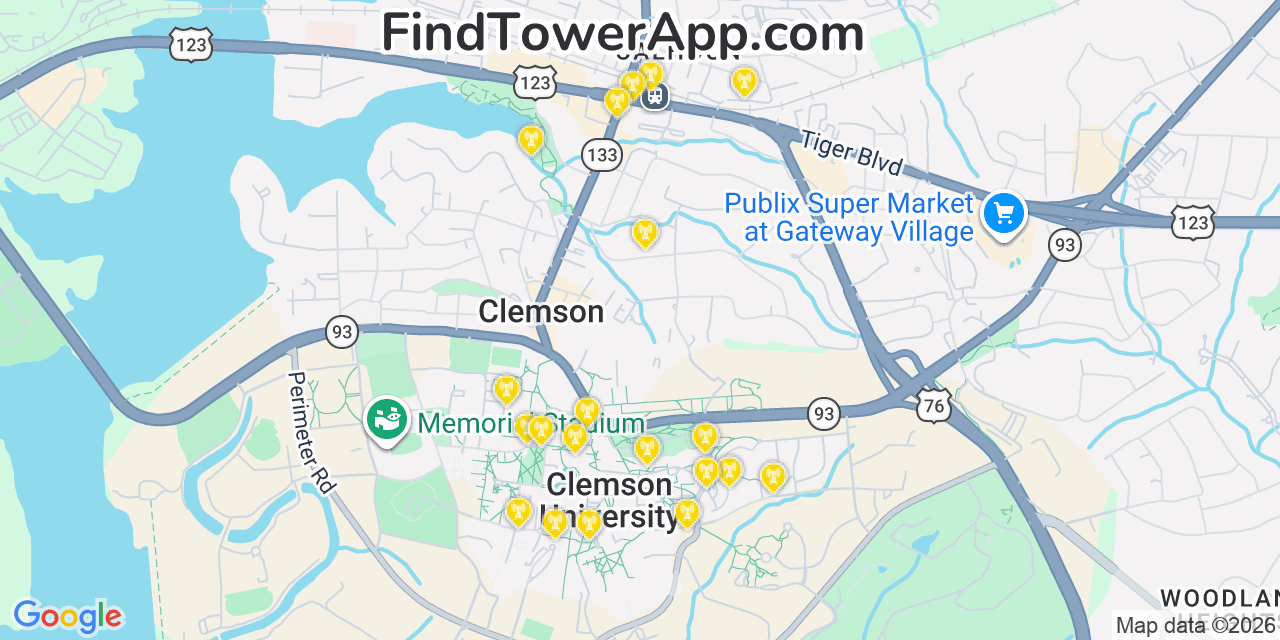 Map showing the 20 primary cell tower locations detected in Clemson, South Carolina from AT&T, Verizon, and T-Mobile networks