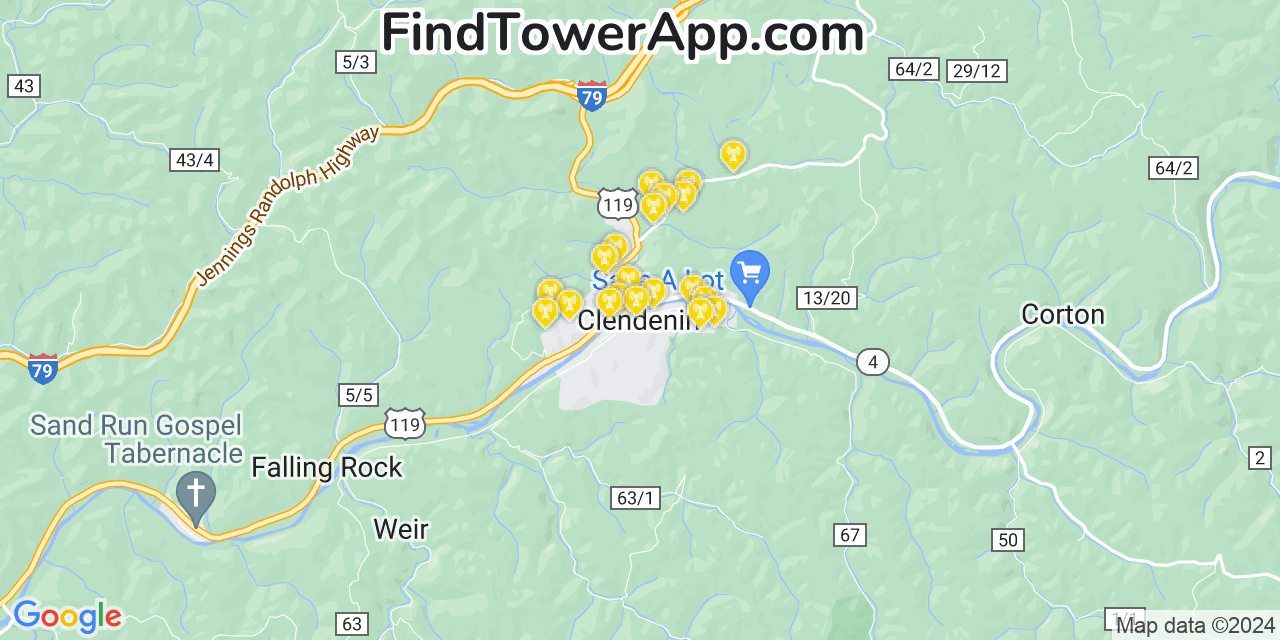 AT&T 4G/5G cell tower coverage map Clendenin, West Virginia