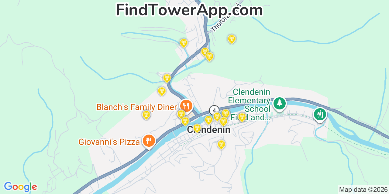 Map showing the 20 primary cell tower locations detected in Clendenin, West Virginia from AT&T, Verizon, and T-Mobile networks