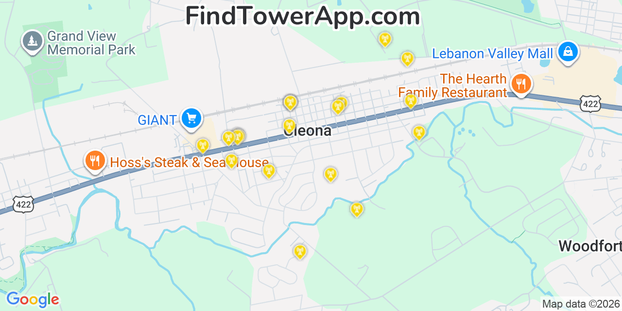 Map showing the 20 primary cell tower locations detected in Cleona, Pennsylvania from AT&T, Verizon, and T-Mobile networks
