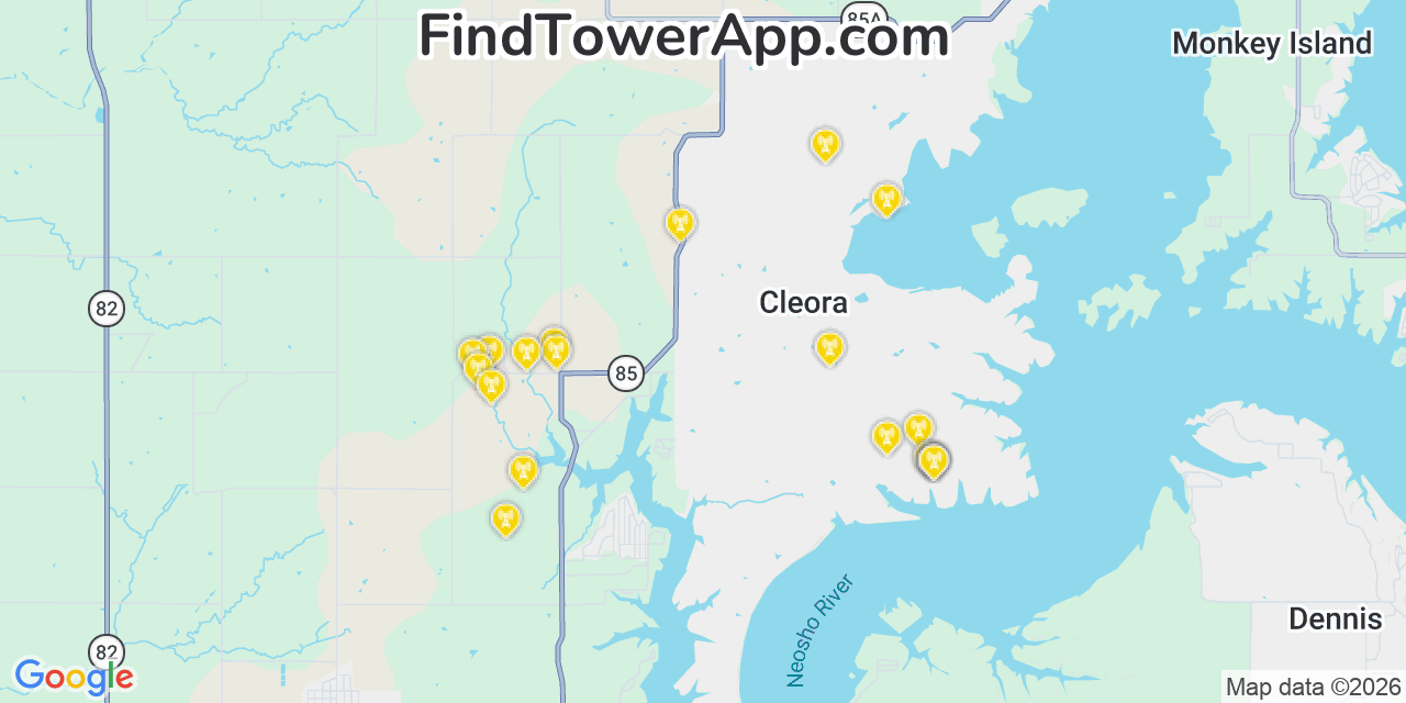 Map showing the 20 primary cell tower locations detected in Cleora, Oklahoma from AT&T, Verizon, and T-Mobile networks