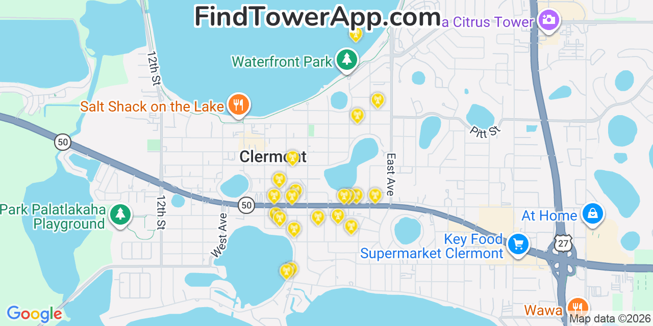 Map showing the 20 primary cell tower locations detected in Clermont, Florida from AT&T, Verizon, and T-Mobile networks