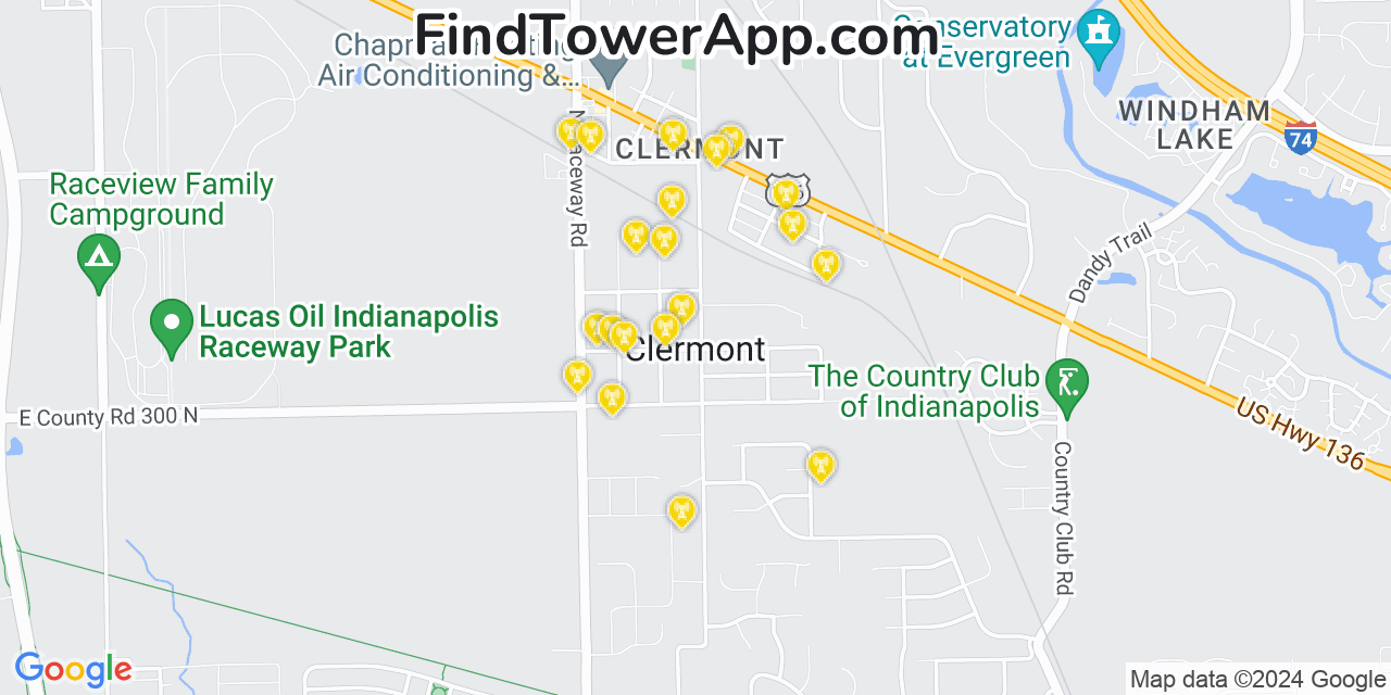 AT&T 4G/5G cell tower coverage map Clermont, Indiana