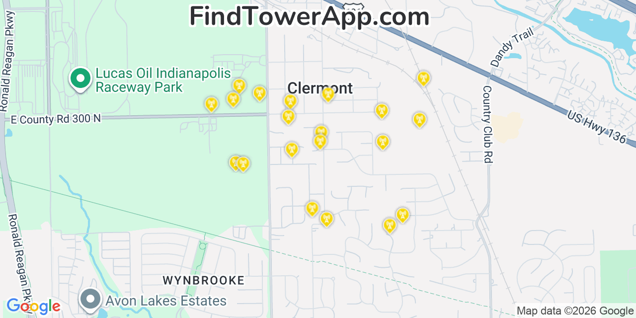 Map showing the 20 primary cell tower locations detected in Clermont, Indiana from AT&T, Verizon, and T-Mobile networks