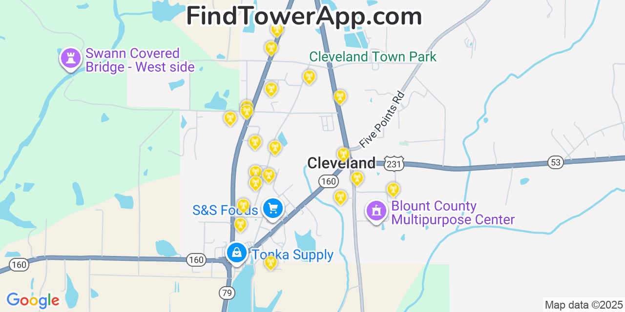 Map showing the 20 primary cell tower locations detected in Cleveland, Alabama from AT&T, Verizon, and T-Mobile networks