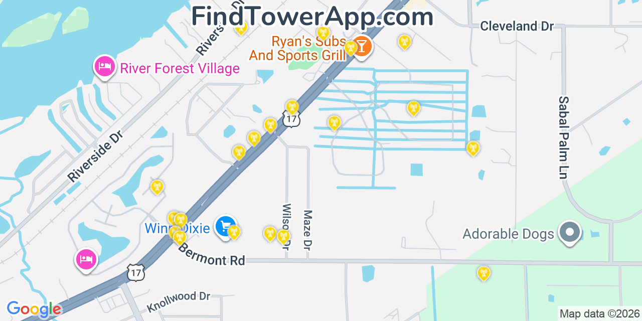 Map showing the 20 primary cell tower locations detected in Cleveland, Florida from AT&T, Verizon, and T-Mobile networks