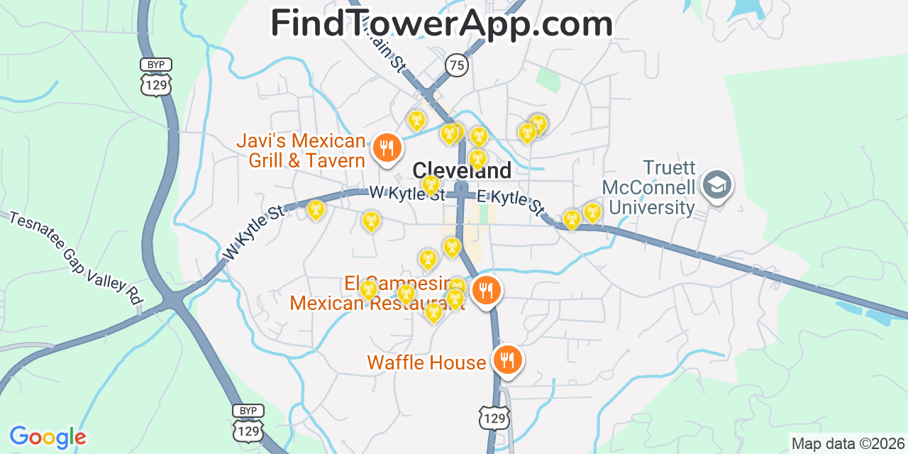 Map showing the 20 primary cell tower locations detected in Cleveland, Georgia from AT&T, Verizon, and T-Mobile networks