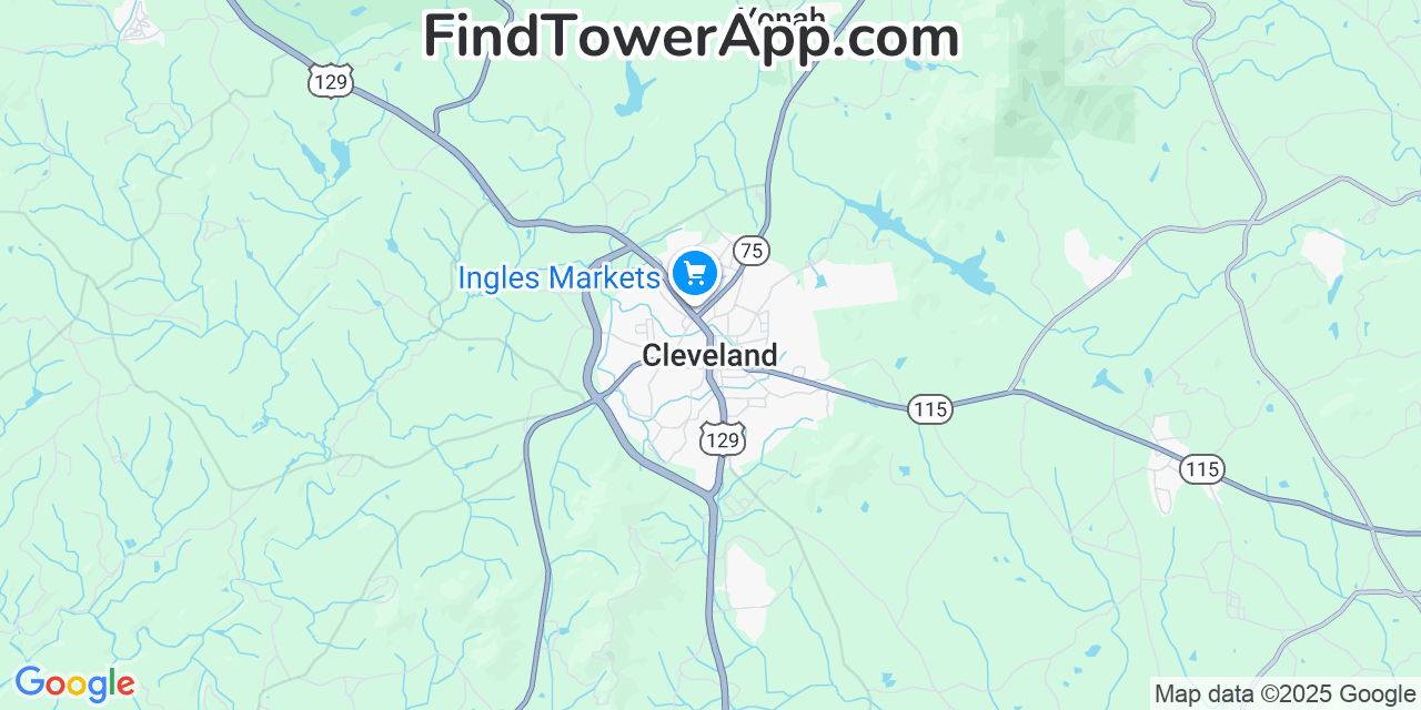Map showing the 20 primary Mobitel cell tower locations detected in Cleveland, Georgia with coverage radius and signal strength indicators