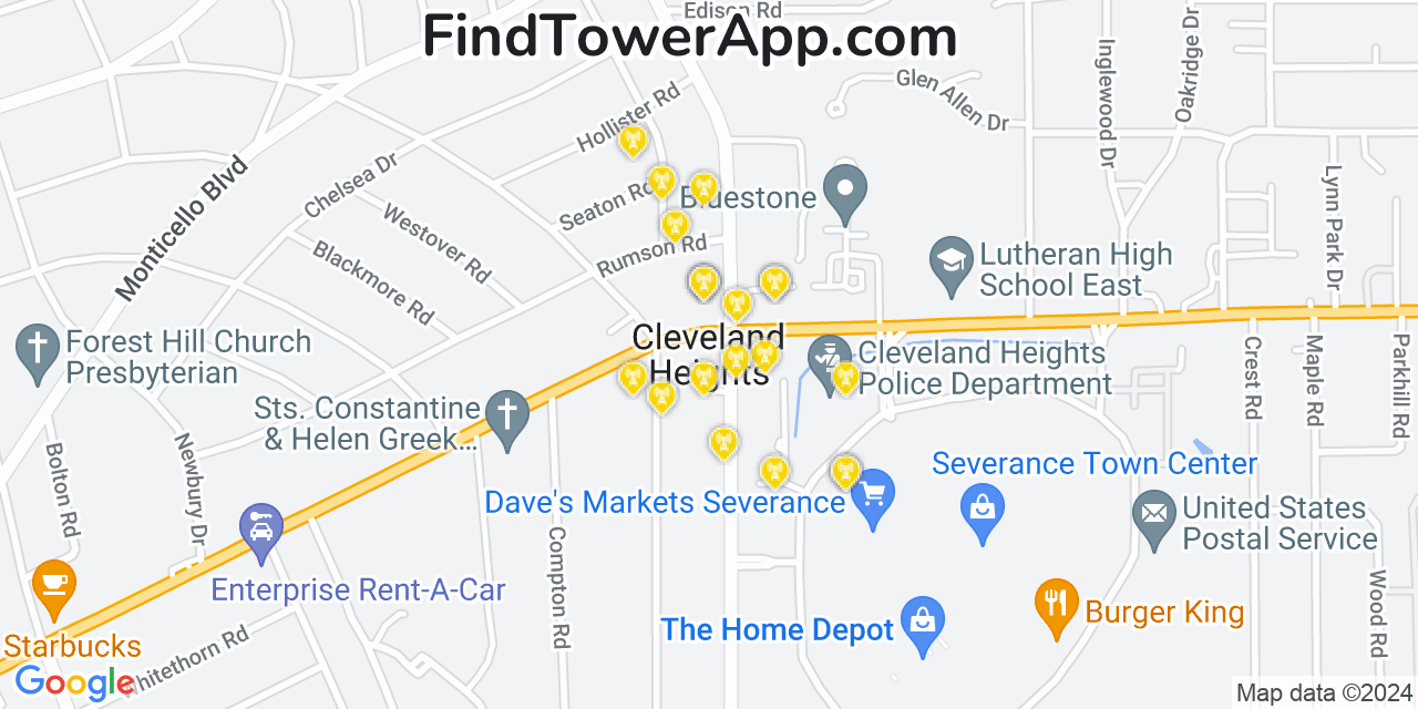 AT&T 4G/5G cell tower coverage map Cleveland Heights, Ohio