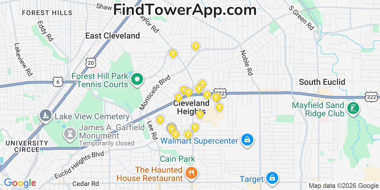 Map showing the 20 primary cell tower locations detected in Cleveland Heights, Ohio from AT&T, Verizon, and T-Mobile networks