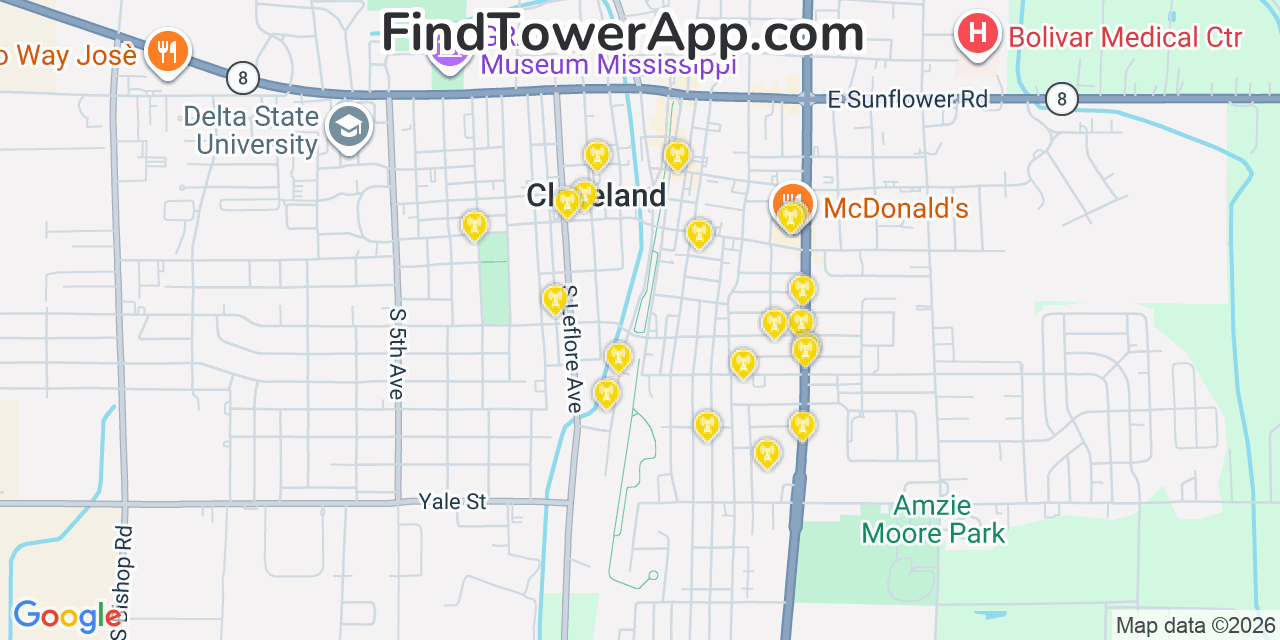 Map showing the 20 primary cell tower locations detected in Cleveland, Mississippi from AT&T, Verizon, and T-Mobile networks