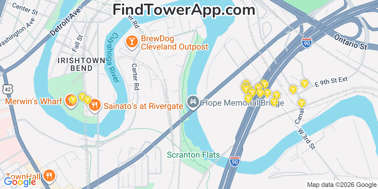 Map showing the 20 primary cell tower locations detected in Cleveland, Ohio from AT&T, Verizon, and T-Mobile networks