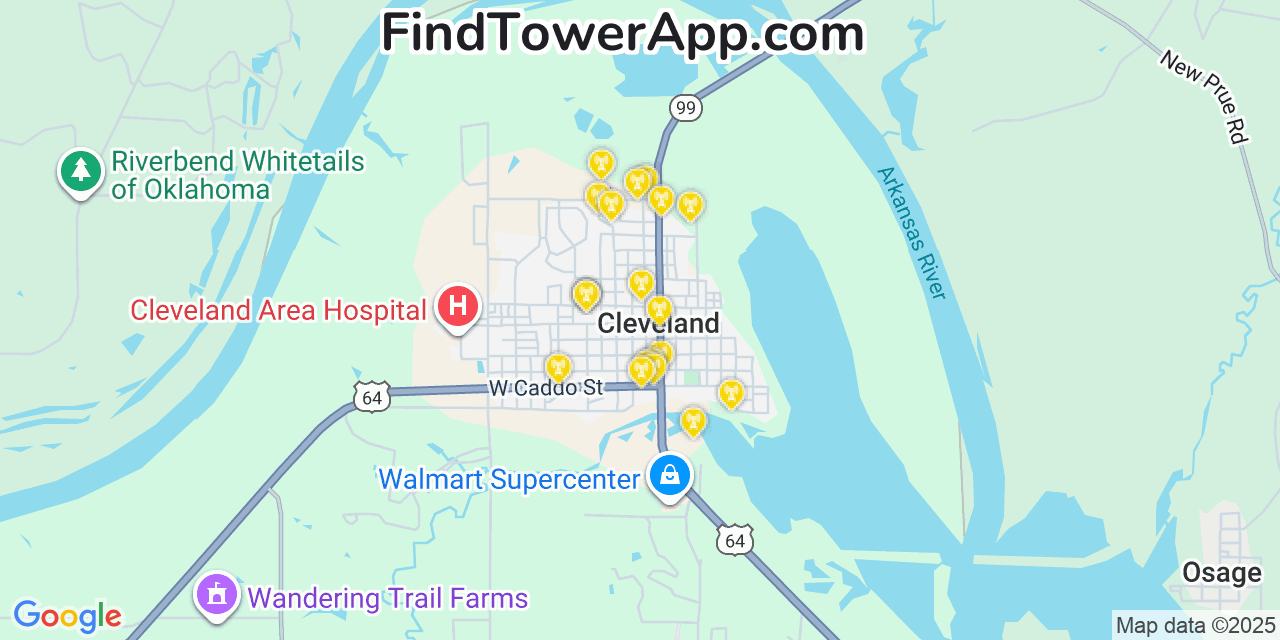 Map showing the 20 primary cell tower locations detected in Cleveland, Oklahoma from AT&T, Verizon, and T-Mobile networks