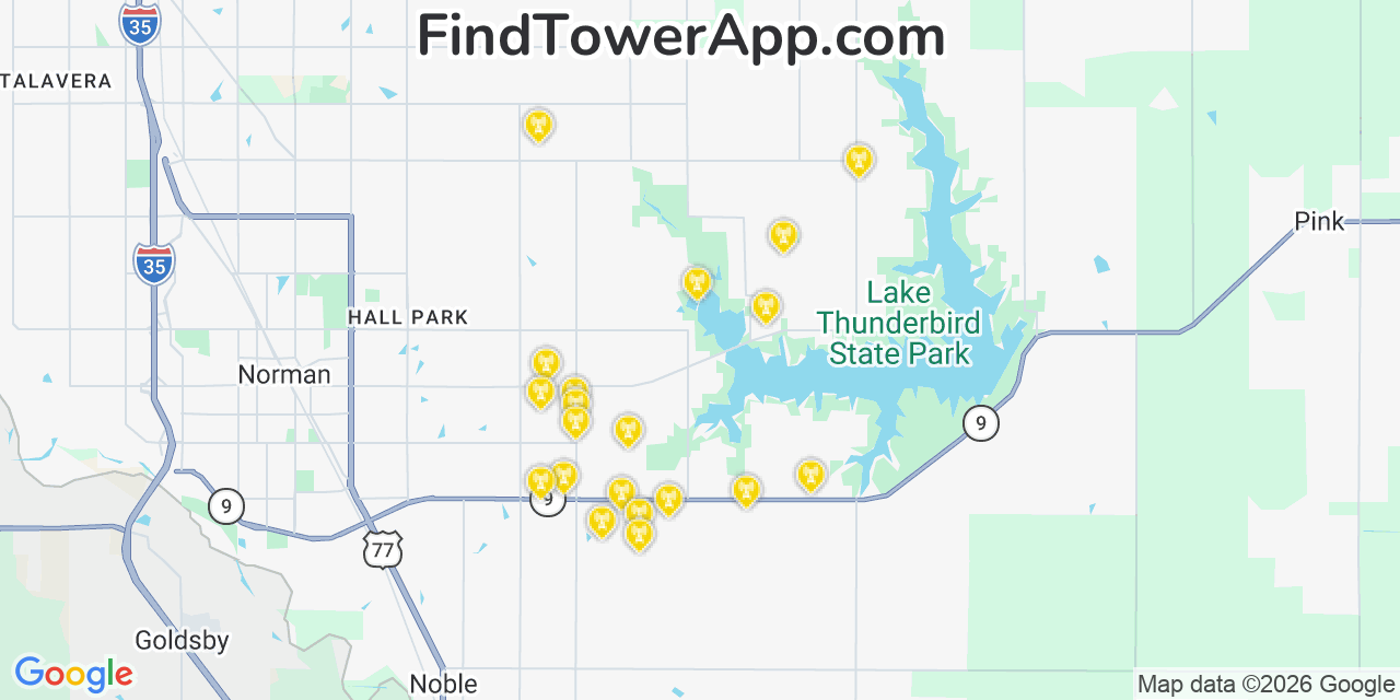 Map showing the 20 primary cell tower locations detected in Cleveland, Oklahoma from AT&T, Verizon, and T-Mobile networks