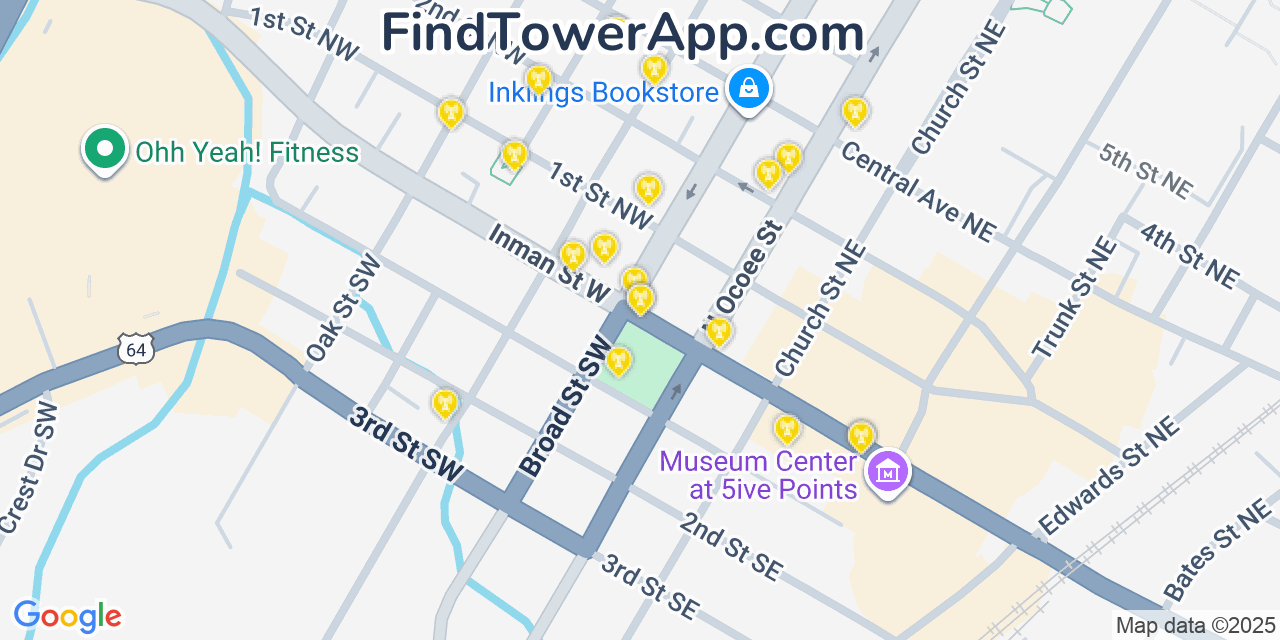 Map showing the 20 primary cell tower locations detected in Cleveland, Tennessee from AT&T, Verizon, and T-Mobile networks