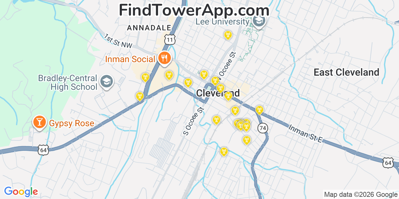 Map showing the 20 primary cell tower locations detected in Cleveland, Tennessee from AT&T, Verizon, and T-Mobile networks