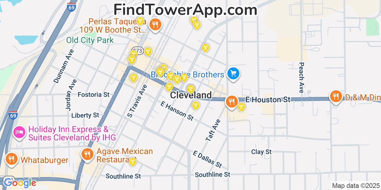 Map showing the 20 primary cell tower locations detected in Cleveland, Texas from AT&T, Verizon, and T-Mobile networks