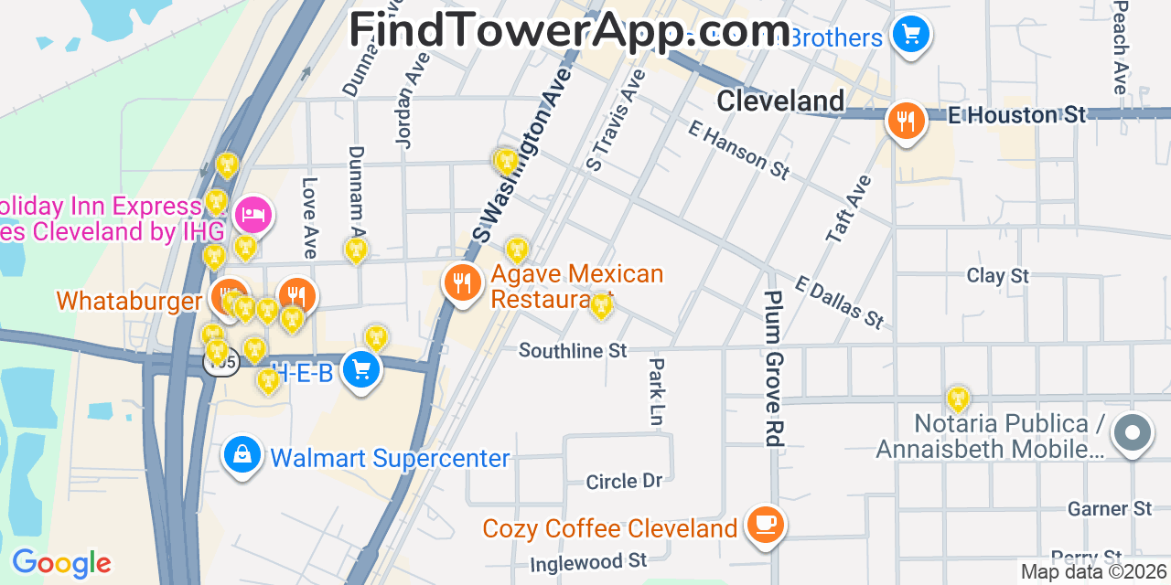 Map showing the 20 primary cell tower locations detected in Cleveland, Texas from AT&T, Verizon, and T-Mobile networks